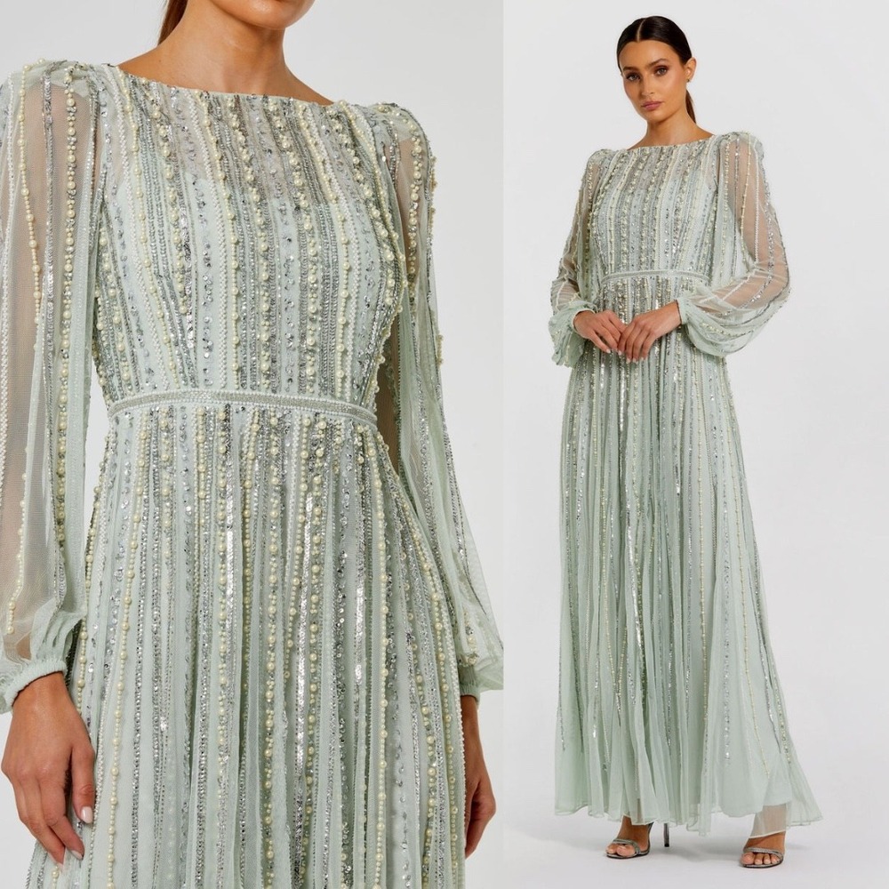 Mac Duggal Long Sleeve Dress in Mint and Silver